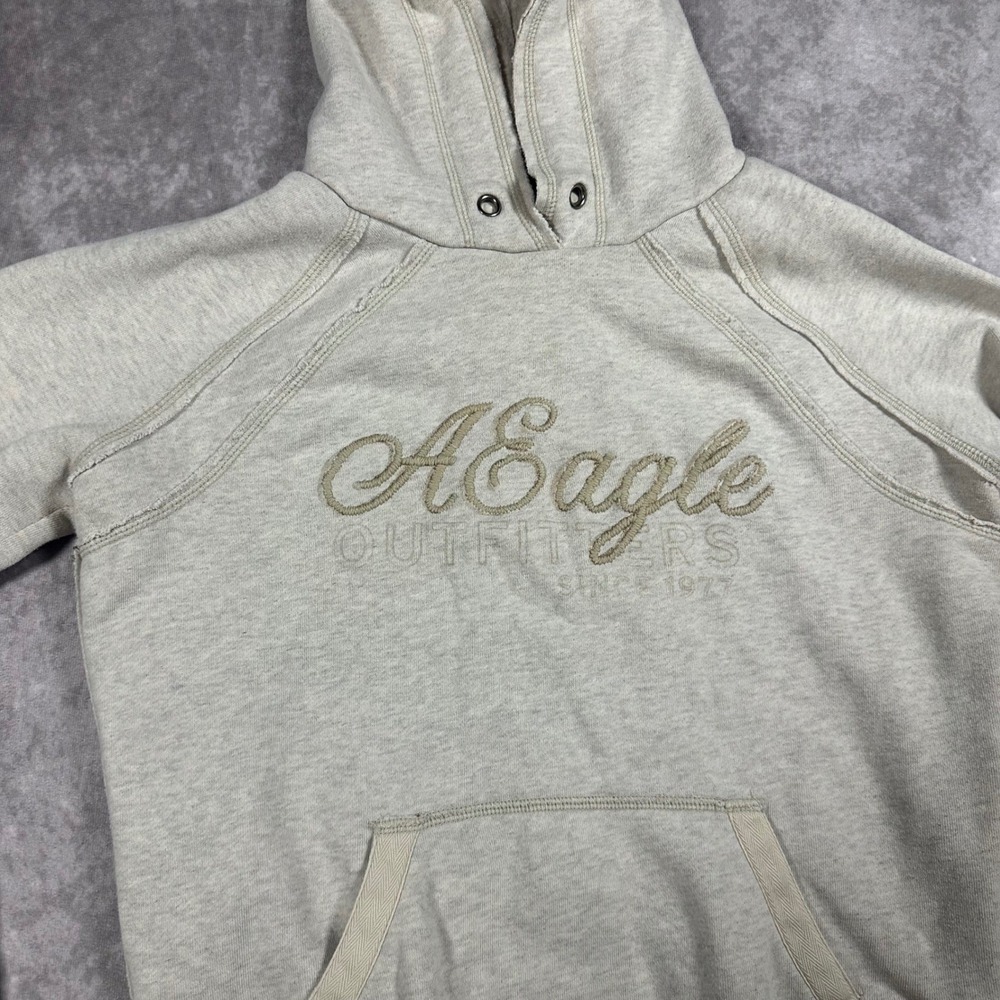 American Eagle Womens Oatmeal Heather Embroidered Logo Hoodie Small Y2K Fleece - Picture 3 of 7